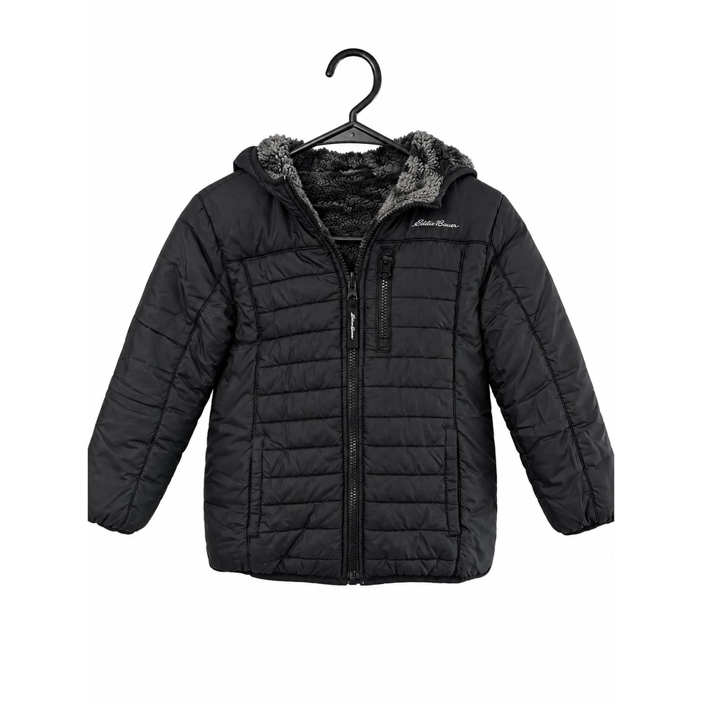 Eddie Bauer Boys Black Quilted Puffer Jacket Sherpa Lined Hooded Full Zip Coat